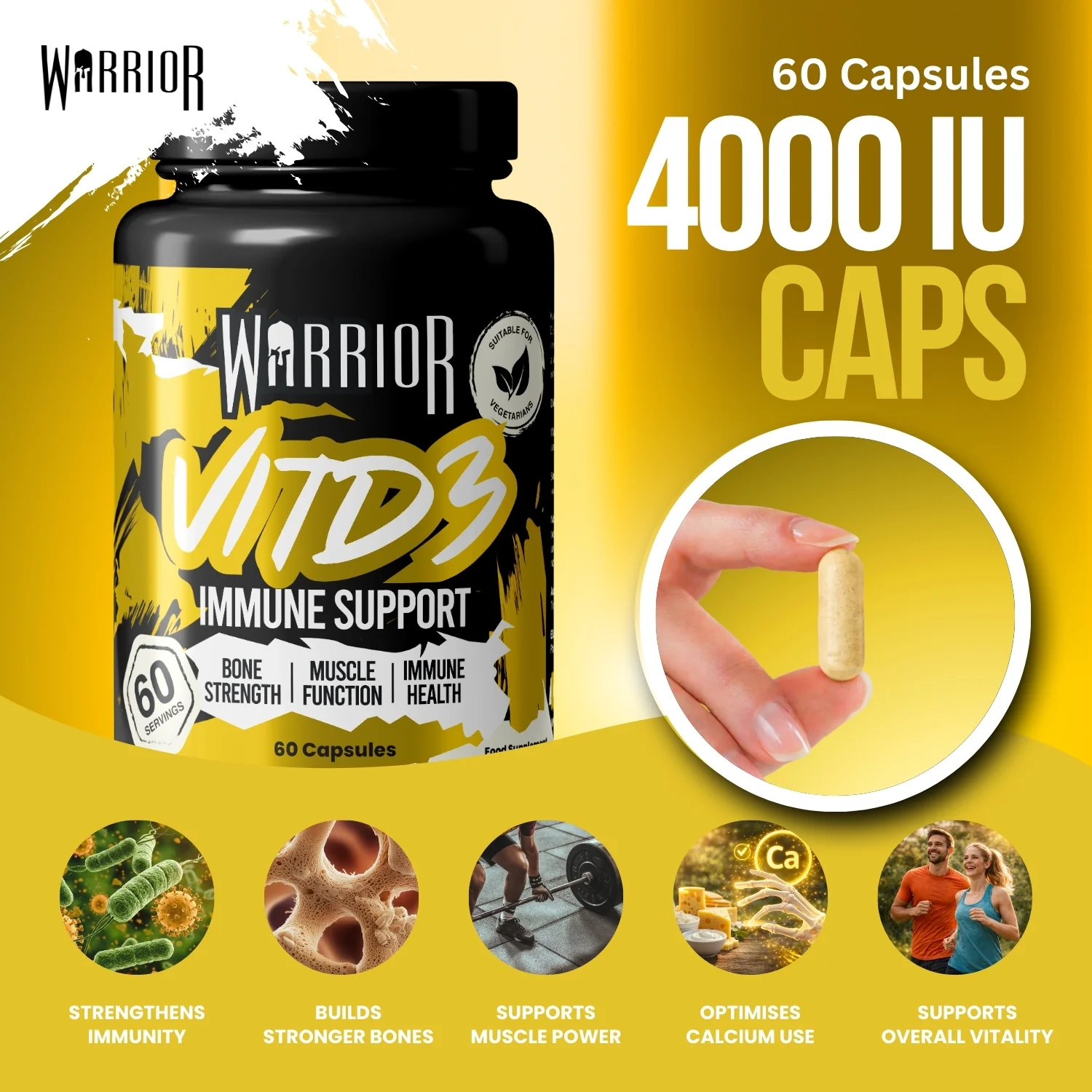 Warrior Vitamin D3 – 4000 IU (60 Tablets) | High Strength Immunity, Bone, Mood & Muscle Support - Image 3